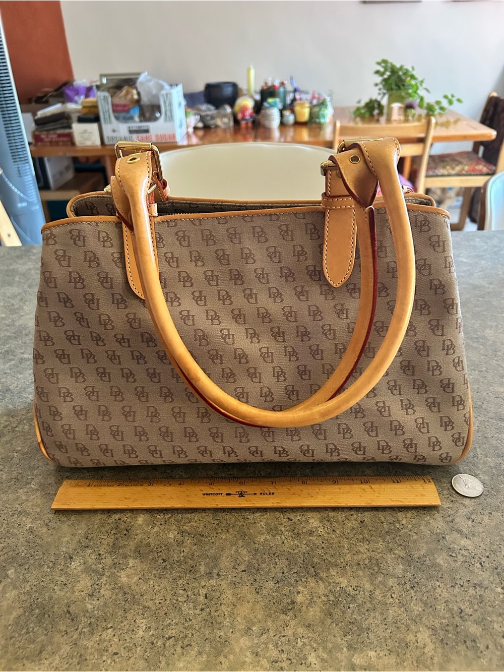 👜 Vintage [Dooney & Bourke] Signature Logo Canvas Buckle Satchel Bag Tan Leather